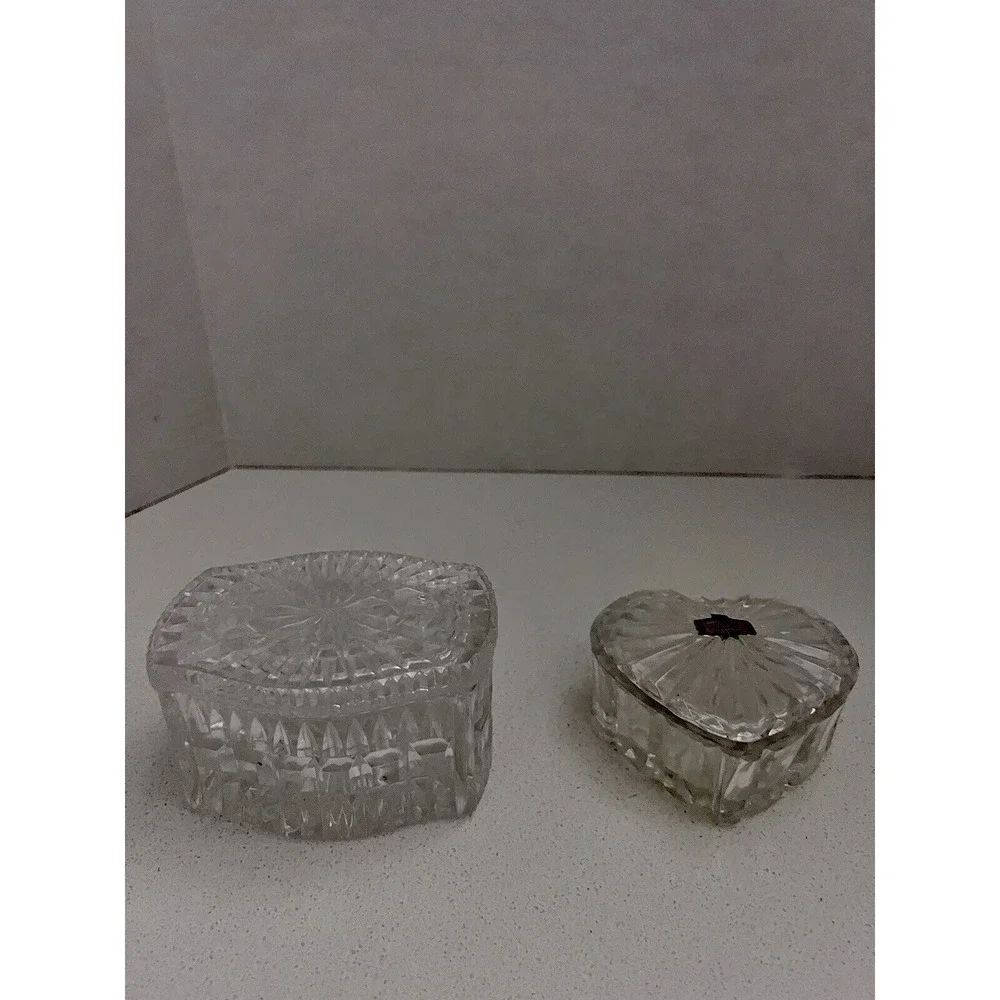 Vtg Crystal Trinket Boxes With Lids Rectangle Box & Heart Shaped From Yugoslavia